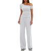 imageDarong Womens 2 Piece Outfits Lounge Sets Off Shoulder Short Sleeve Tops and High Waisted Wide Leg Pants Tracksuit SetsWhite Grey31 Inseam