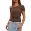 imageDarong Womens Double Lined Slim Fit Tshirt One Shoulder Short Sleeve Ruched Crop Top Fashion Outfit ClothesCoffee