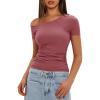 imageDarong Womens Double Lined Slim Fit Tshirt One Shoulder Short Sleeve Ruched Crop Top Fashion Outfit ClothesMerlot Red