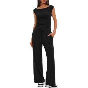 imageDarong Women 2 Piece Lounge Set Cap Sleeve Boat Neck Top Wide Leg Pants Set Summer Outfit Two Piece Mathing SetBlack29 Inseam