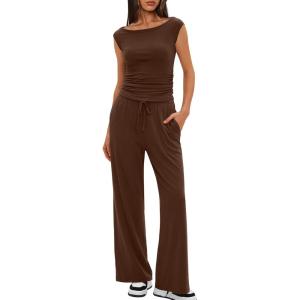imageDarong Women 2 Piece Lounge Set Cap Sleeve Boat Neck Top Wide Leg Pants Set Summer Outfit Two Piece Mathing SetCoffee29 Inseam