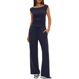 imageDarong Women 2 Piece Lounge Set Cap Sleeve Boat Neck Top Wide Leg Pants Set Summer Outfit Two Piece Mathing SetDark Blue29 Inseam