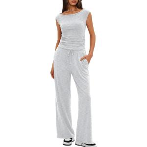 imageDarong Women 2 Piece Lounge Set Cap Sleeve Boat Neck Top Wide Leg Pants Set Summer Outfit Two Piece Mathing SetWhite Grey29 Inseam