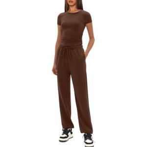 imageDarong Womens 2 Piece Outfit Sets Short Sleeve Crew Neck T Shirts with Jogger Pants Active Tracksuit Lounge SetCoffee29 Inseam