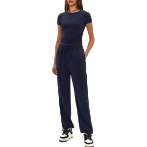imageDarong Womens 2 Piece Outfit Sets Short Sleeve Crew Neck T Shirts with Jogger Pants Active Tracksuit Lounge SetDark Blue31 Inseam
