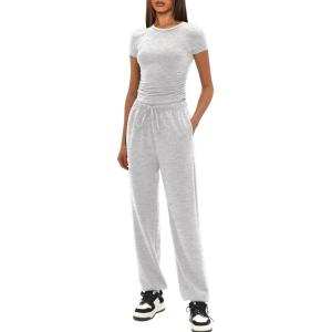 imageDarong Womens 2 Piece Outfit Sets Short Sleeve Crew Neck T Shirts with Jogger Pants Active Tracksuit Lounge SetWhite Grey29 Inseam