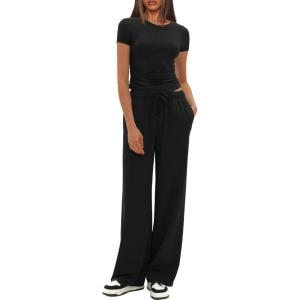 imageDarong Womens 2 Piece Outfits Casual Short Sleeve Pullover Tops and Wide Leg Pants Tracksuits Lounge Sets Trendy ClothesBlack31 Inseam