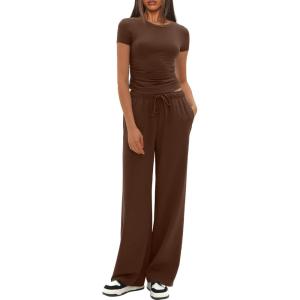 imageDarong Womens 2 Piece Outfits Casual Short Sleeve Pullover Tops and Wide Leg Pants Tracksuits Lounge Sets Trendy ClothesCoffee29 Inseam