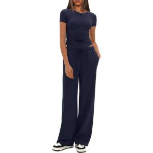 imageDarong Womens 2 Piece Outfits Casual Short Sleeve Pullover Tops and Wide Leg Pants Tracksuits Lounge Sets Trendy ClothesDark Blue29 Inseam