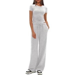imageDarong Womens 2 Piece Outfits Casual Short Sleeve Pullover Tops and Wide Leg Pants Tracksuits Lounge Sets Trendy ClothesWhite Grey29 Inseam