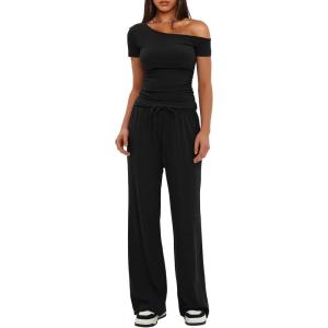 imageDarong Womens 2 Piece Outfits Lounge Sets Off Shoulder Short Sleeve Tops and High Waisted Wide Leg Pants Tracksuit SetsBlack29 Inseam