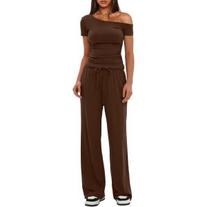 imageDarong Womens 2 Piece Outfits Lounge Sets Off Shoulder Short Sleeve Tops and High Waisted Wide Leg Pants Tracksuit SetsCoffee31 Inseam