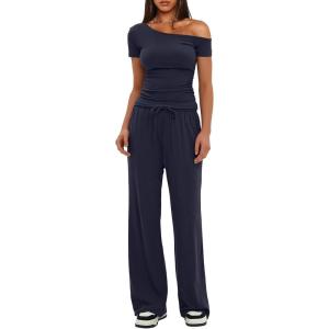 imageDarong Womens 2 Piece Outfits Lounge Sets Off Shoulder Short Sleeve Tops and High Waisted Wide Leg Pants Tracksuit SetsDark Blue29 Inseam