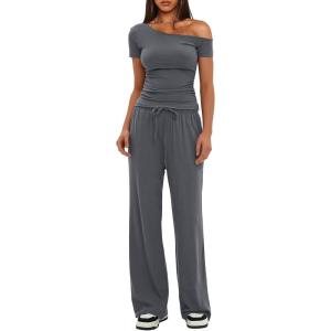 imageDarong Womens 2 Piece Outfits Lounge Sets Off Shoulder Short Sleeve Tops and High Waisted Wide Leg Pants Tracksuit SetsGrey29 Inseam