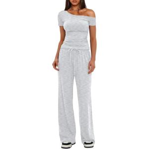 imageDarong Womens 2 Piece Outfits Lounge Sets Off Shoulder Short Sleeve Tops and High Waisted Wide Leg Pants Tracksuit SetsWhite Grey29 Inseam