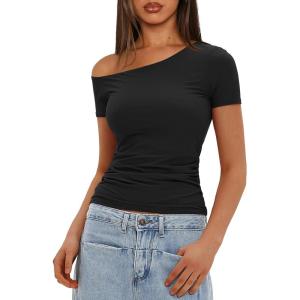 imageDarong Womens Double Lined Slim Fit Tshirt One Shoulder Short Sleeve Ruched Crop Top Fashion Outfit ClothesBlack