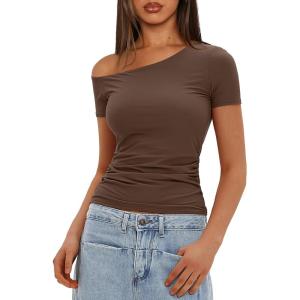 imageDarong Womens Double Lined Slim Fit Tshirt One Shoulder Short Sleeve Ruched Crop Top Fashion Outfit ClothesCoffee