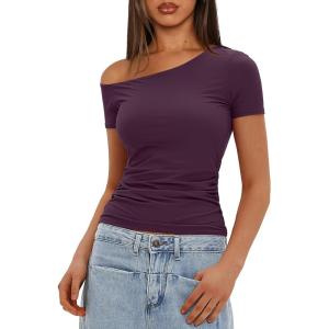 imageDarong Womens Double Lined Slim Fit Tshirt One Shoulder Short Sleeve Ruched Crop Top Fashion Outfit ClothesDark Purple