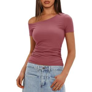 imageDarong Womens Double Lined Slim Fit Tshirt One Shoulder Short Sleeve Ruched Crop Top Fashion Outfit ClothesMerlot Red