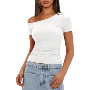 imageDarong Womens Double Lined Slim Fit Tshirt One Shoulder Short Sleeve Ruched Crop Top Fashion Outfit ClothesWhite