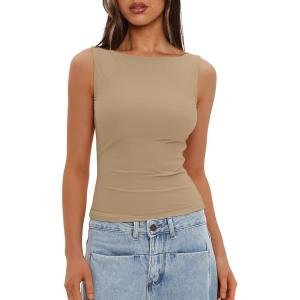 imageDarong Womens High Neck Tank Top Sleeveless Double Lined Basic Tops Going Out Casual Tank ShirtsBeige
