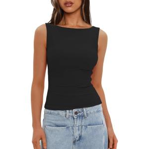 imageDarong Womens High Neck Tank Top Sleeveless Double Lined Basic Tops Going Out Casual Tank ShirtsBlack