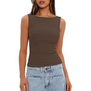 imageDarong Womens High Neck Tank Top Sleeveless Double Lined Basic Tops Going Out Casual Tank ShirtsCoffee