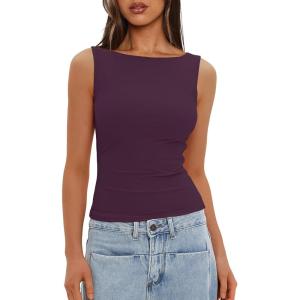 imageDarong Womens High Neck Tank Top Sleeveless Double Lined Basic Tops Going Out Casual Tank ShirtsDeep Purple
