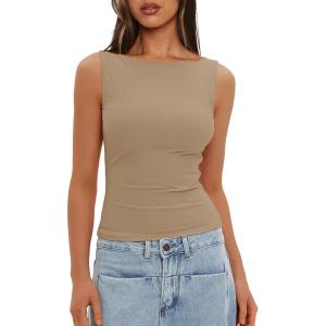 imageDarong Womens High Neck Tank Top Sleeveless Double Lined Basic Tops Going Out Casual Tank ShirtsKhaki