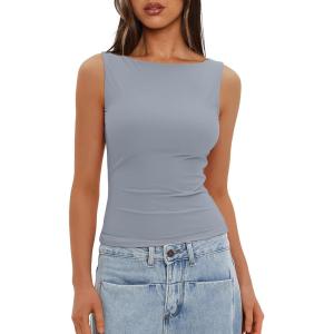 imageDarong Womens High Neck Tank Top Sleeveless Double Lined Basic Tops Going Out Casual Tank ShirtsLight Blue