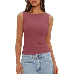 imageDarong Womens High Neck Tank Top Sleeveless Double Lined Basic Tops Going Out Casual Tank ShirtsMerlot