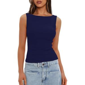 imageDarong Womens High Neck Tank Top Sleeveless Double Lined Basic Tops Going Out Casual Tank ShirtsNavy Blue