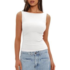 imageDarong Womens High Neck Tank Top Sleeveless Double Lined Basic Tops Going Out Casual Tank ShirtsWhite