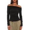 imageDarong Women Off Shoulder Shirts Long Sleeve Ruched Going Out Tops Trendy Slim Fit Fall Blouses Y2K TopsBlack