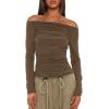 imageDarong Women Off Shoulder Shirts Long Sleeve Ruched Going Out Tops Trendy Slim Fit Fall Blouses Y2K TopsKhaki