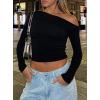 imageDarong Womens Casual Long Sleeve Boat Neck Off Shoulder Slim Fit Crop Top Going Out Blouses Y2K Tight ShirtsBlack