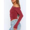 imageDarong Womens Casual Long Sleeve Boat Neck Off Shoulder Slim Fit Crop Top Going Out Blouses Y2K Tight ShirtsBrick Red