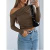 imageDarong Womens Casual Long Sleeve Boat Neck Off Shoulder Slim Fit Crop Top Going Out Blouses Y2K Tight ShirtsKhaki