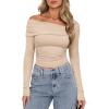 imageDarong Womens One Off Shoulder Long Sleeve Tops Ruched Going Out Crop Shirts Slim Fit Y2K Tee BlouseApricot