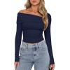 imageDarong Womens One Off Shoulder Long Sleeve Tops Ruched Going Out Crop Shirts Slim Fit Y2K Tee BlouseDark Blue