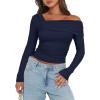 imageDarong Womens One Off Shoulder Long Sleeve Tops Ruched Going Out Crop Shirts Slim Fit Y2K Tee BlouseDark Blue