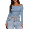 imageDarong Womens One Off Shoulder Long Sleeve Tops Ruched Going Out Crop Shirts Slim Fit Y2K Tee BlouseGrey Blue