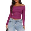 imageDarong Womens One Off Shoulder Long Sleeve Tops Ruched Going Out Crop Shirts Slim Fit Y2K Tee BlouseHot Pink
