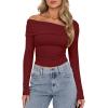 imageDarong Womens One Off Shoulder Long Sleeve Tops Ruched Going Out Crop Shirts Slim Fit Y2K Tee BlouseWine Red