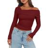 imageDarong Womens One Off Shoulder Long Sleeve Tops Ruched Going Out Crop Shirts Slim Fit Y2K Tee BlouseWine Red