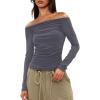 imageDarong Women Off Shoulder Shirts Long Sleeve Ruched Going Out Tops Trendy Slim Fit Fall Blouses Y2K TopsGrey