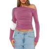 imageDarong Womens Casual Long Sleeve Boat Neck Off Shoulder Slim Fit Crop Top Going Out Blouses Y2K Tight ShirtsRaspberry Pink