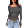 imageDarong Womens One Off Shoulder Long Sleeve Tops Ruched Going Out Crop Shirts Slim Fit Y2K Tee BlouseGrey