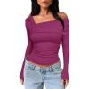 imageDarong Womens One Off Shoulder Long Sleeve Tops Ruched Going Out Crop Shirts Slim Fit Y2K Tee BlouseHot Pink