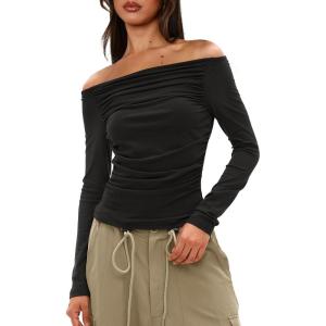 imageDarong Women Off Shoulder Shirts Long Sleeve Ruched Going Out Tops Trendy Slim Fit Fall Blouses Y2K TopsBlack